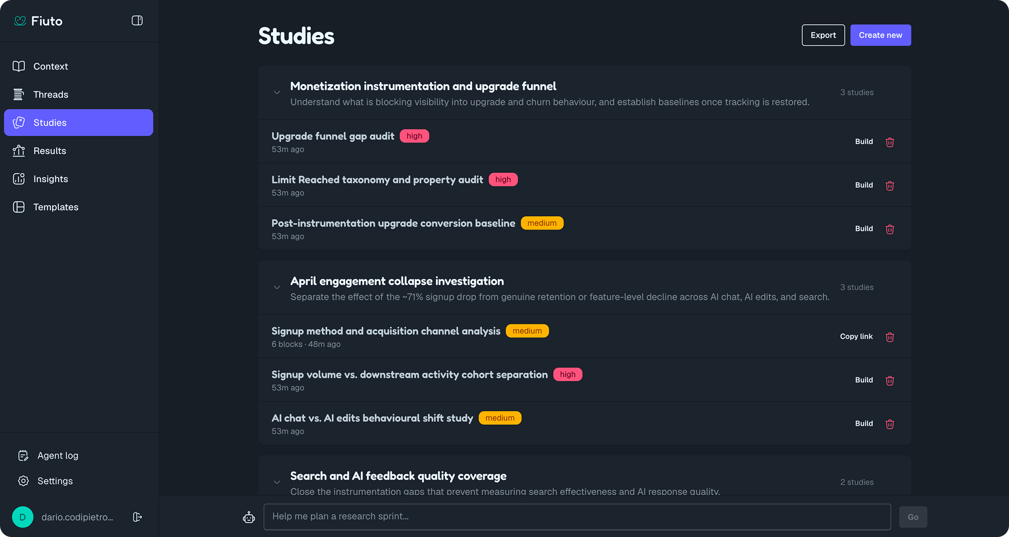 Fiuto studies dashboard showing study groups, priorities, and build actions